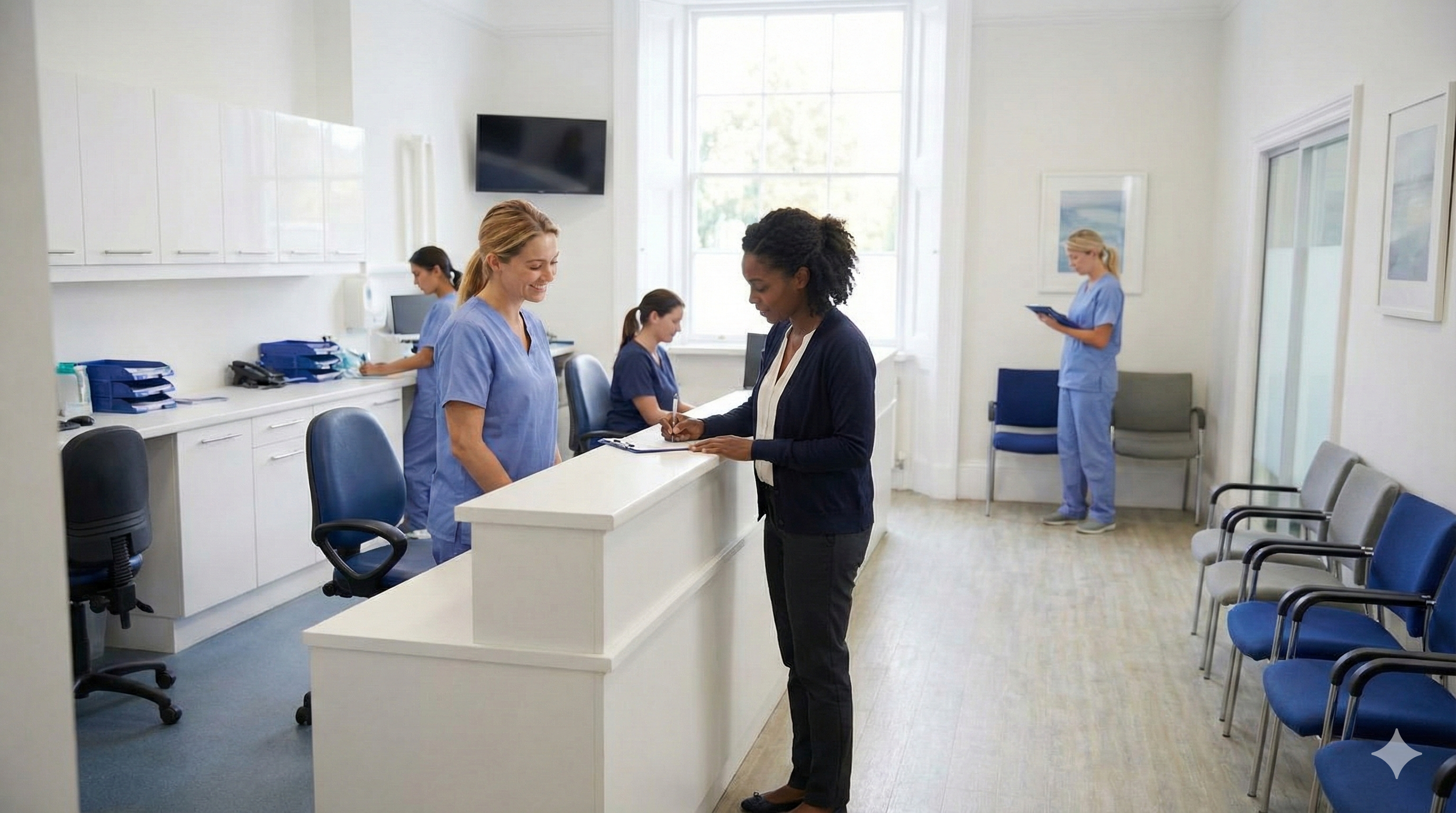  Patient signing form at front desk. 