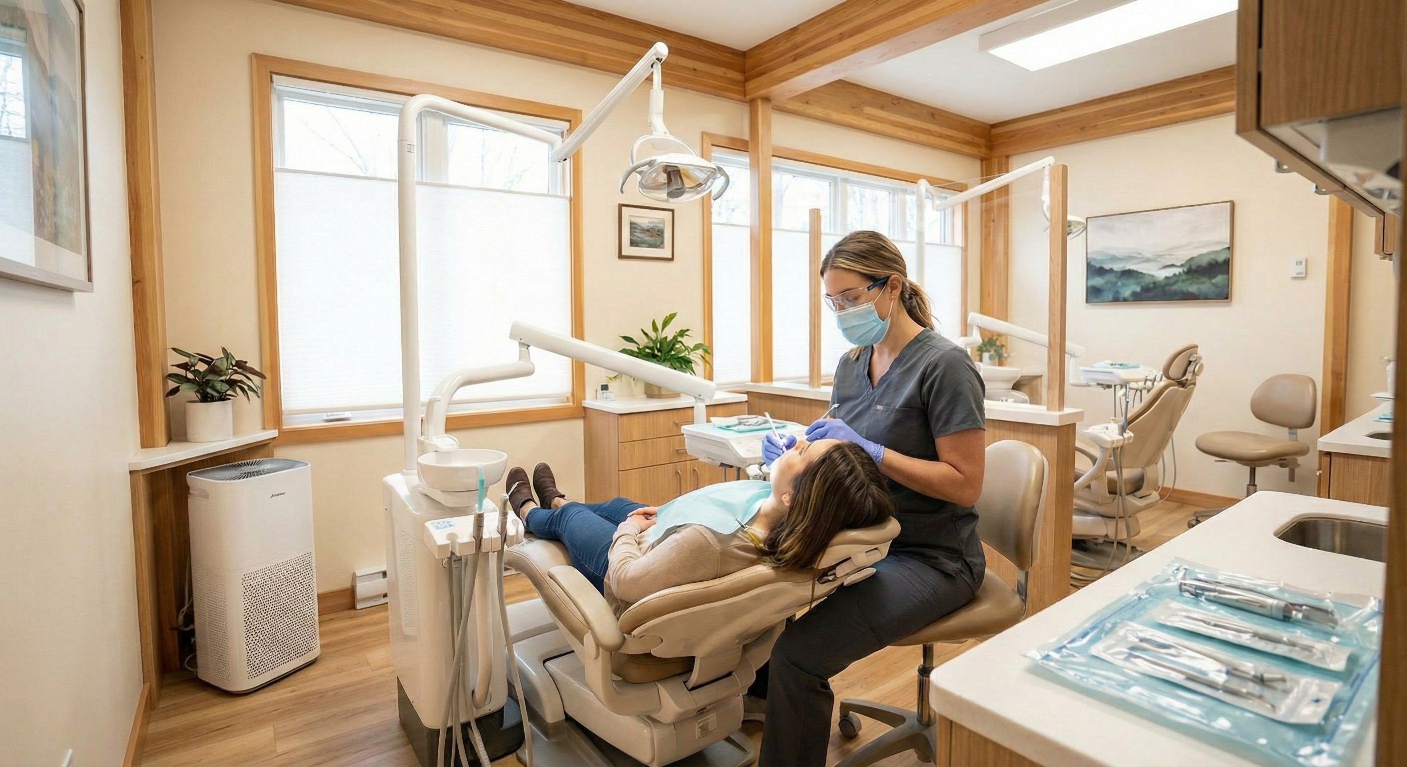  A Registered Dental Hygienist wearing a protective face mask and scrubs treating a patient in a modern and warm dental clinic environment. 